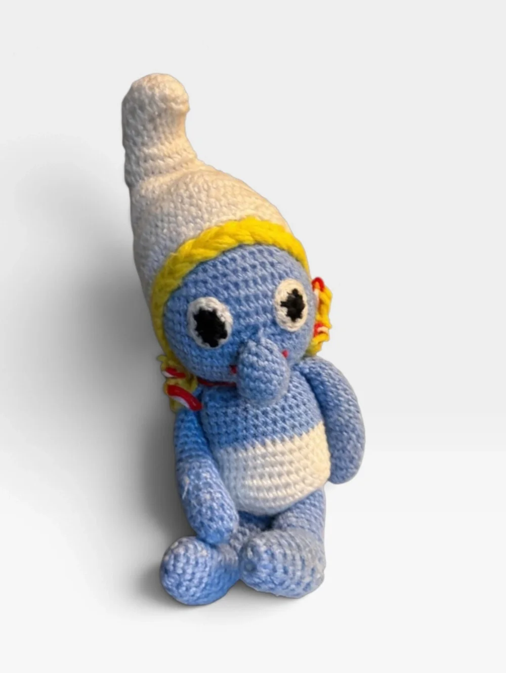 Vintage Handmade Crochet Girl Doll Smurfette Inspired Yarn Plush 15” Folk Art